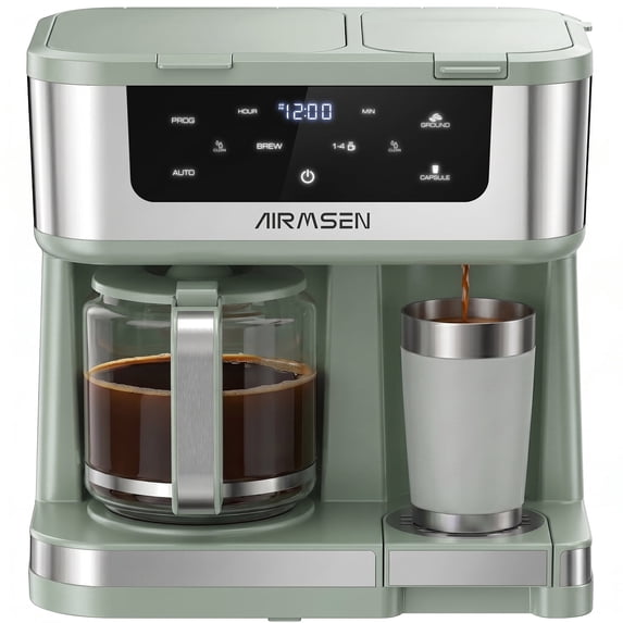 AIRMSEN 12-Cup Drip Coffee Maker with K Cup Combo, Programmable Coffee Machine with 1-4 Cup Setting, Single Serve or Coffee Pot, Auto Shut-off, Spill-Free Spout, Mint Green