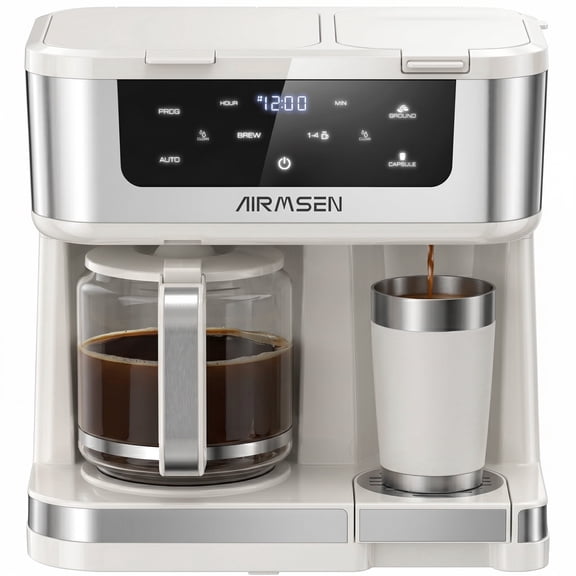 AIRMSEN 12-Cup Drip Coffee Maker with K Cup Combo, Programmable Coffee Machine with 1-4 Cup Setting, Single Serve or Coffee Pot, Auto Shut-off, Spill-Free Spout,Ivory White