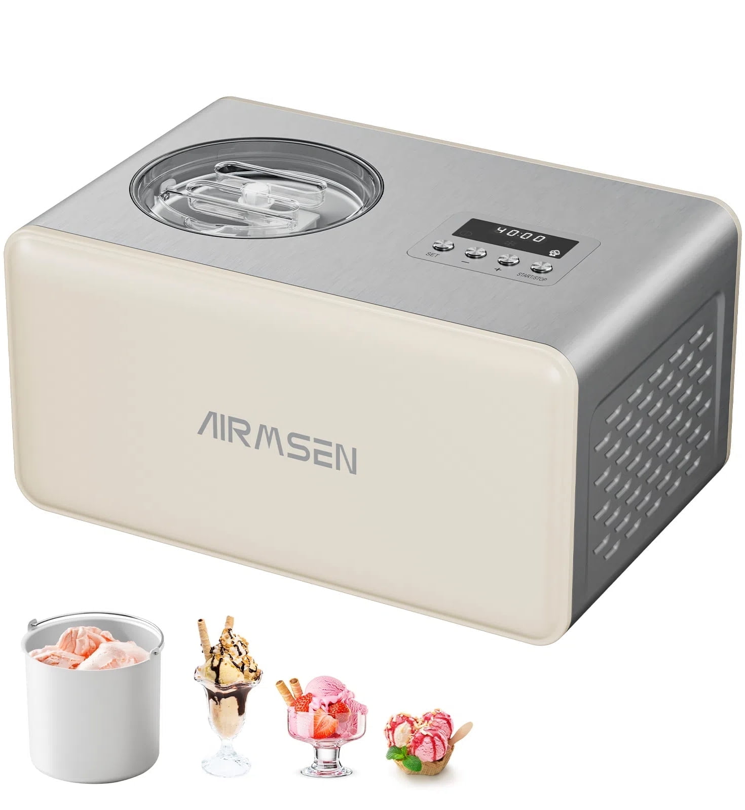 AIRMSEN 2.1 Qt Ice Cream Maker, No Pre-Freezing Electric Ice Cream Machine with Compressor and LCD Timer for Gelato, Frozen Yogurt, Sorbet, White