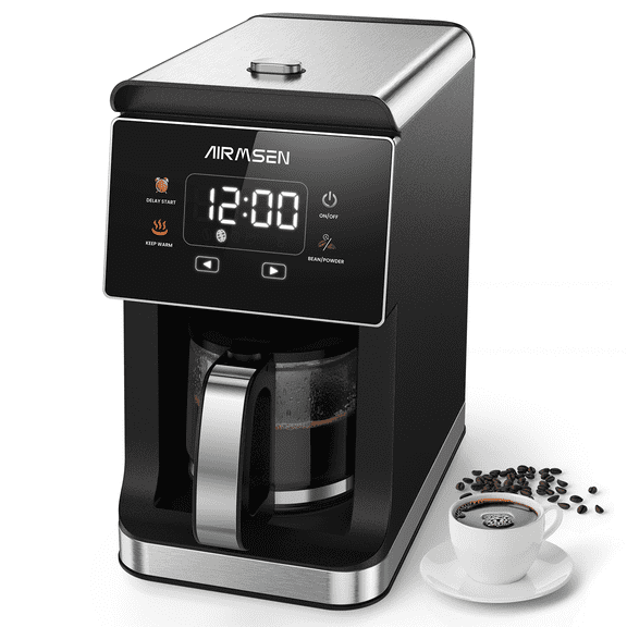 AIRMSEN Grind & Brew Coffee Maker with Grinder, Compact 5-Cup Programmable Drip Coffee Machine, 3 Grind Sizes, 24H Delay Brew, Extra Keep Warm