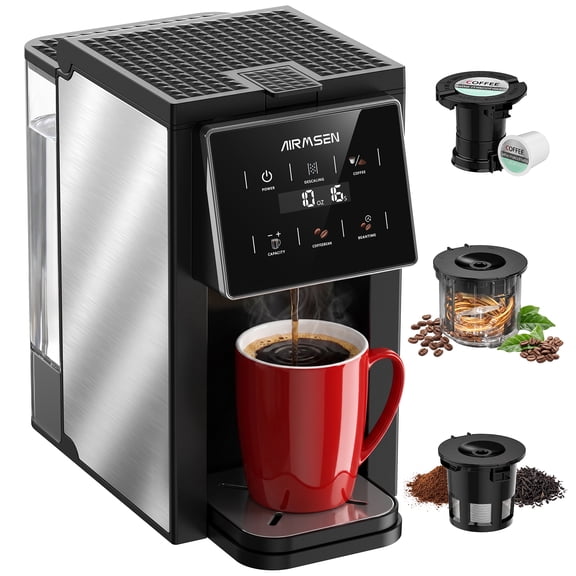 AIRMSEN 3-In-1 Single Serve Coffee Maker with Grinder, K Cup Coffee Maker Compatible with Beans and Grounds, Pod Coffee Machine with 6 Grind Levels & 6-14oz Cup Sizes, BPA-Free