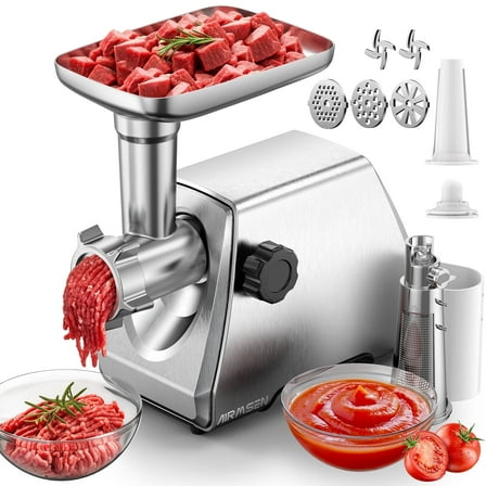 AIRMSEN Electric 4 in 1 Meat Grinder with Tomato Strainer, Meat Mincer with 2 Blades & 3 Plates, Sausage & Kubbe Maker Kit, Fixed Lock, Food Grinder for Home Kitchen Use