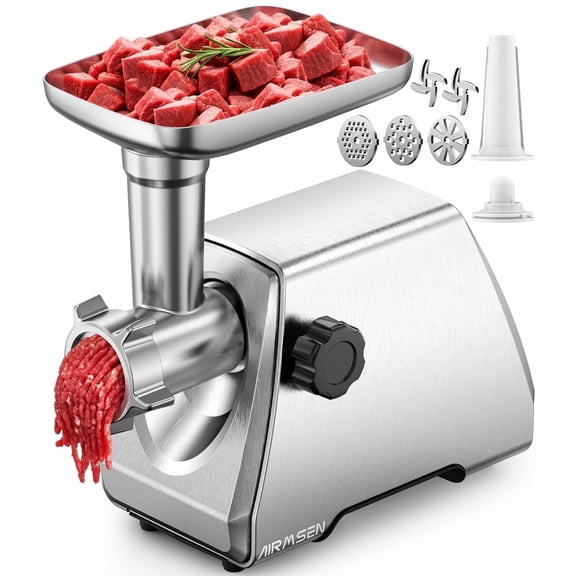 AIRMSEN Electric 3 in 1 Meat Grinder, Stainless Steel Meat Mincer with 2 Blades & 3 Plates, Sausage & Kubbe Maker Kit, Fixed Lock, Food Grinder for Home Kitchen Use