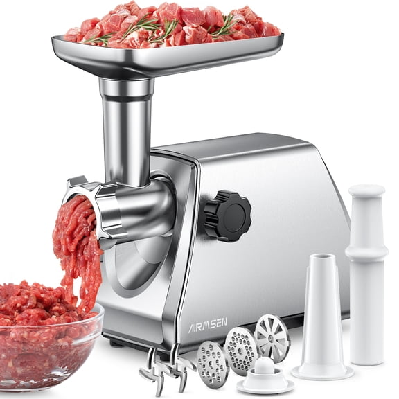 AIRMSEN Electric 3 in 1 Meat Grinder, Stainless Steel Meat Mincer with 2 Blades & 3 Plates, Sausage & Kubbe Maker Kit, Fixed Lock, Food Grinder for Home Kitchen Use