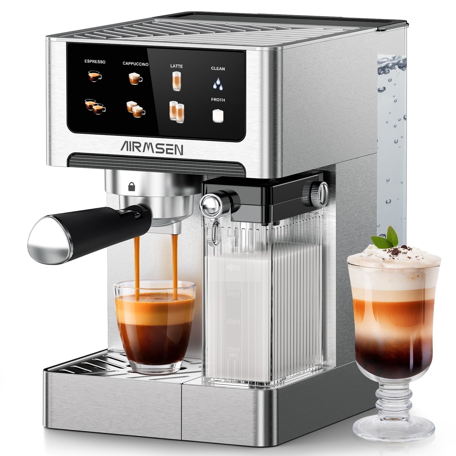 AIRMSEN Espresso Machine with Color Touchscreen, 20 Bar Cappuccino Latte Machines with Automatic Milk Frother, Dual Boiler Stainless Steel Espresso Maker for Ho