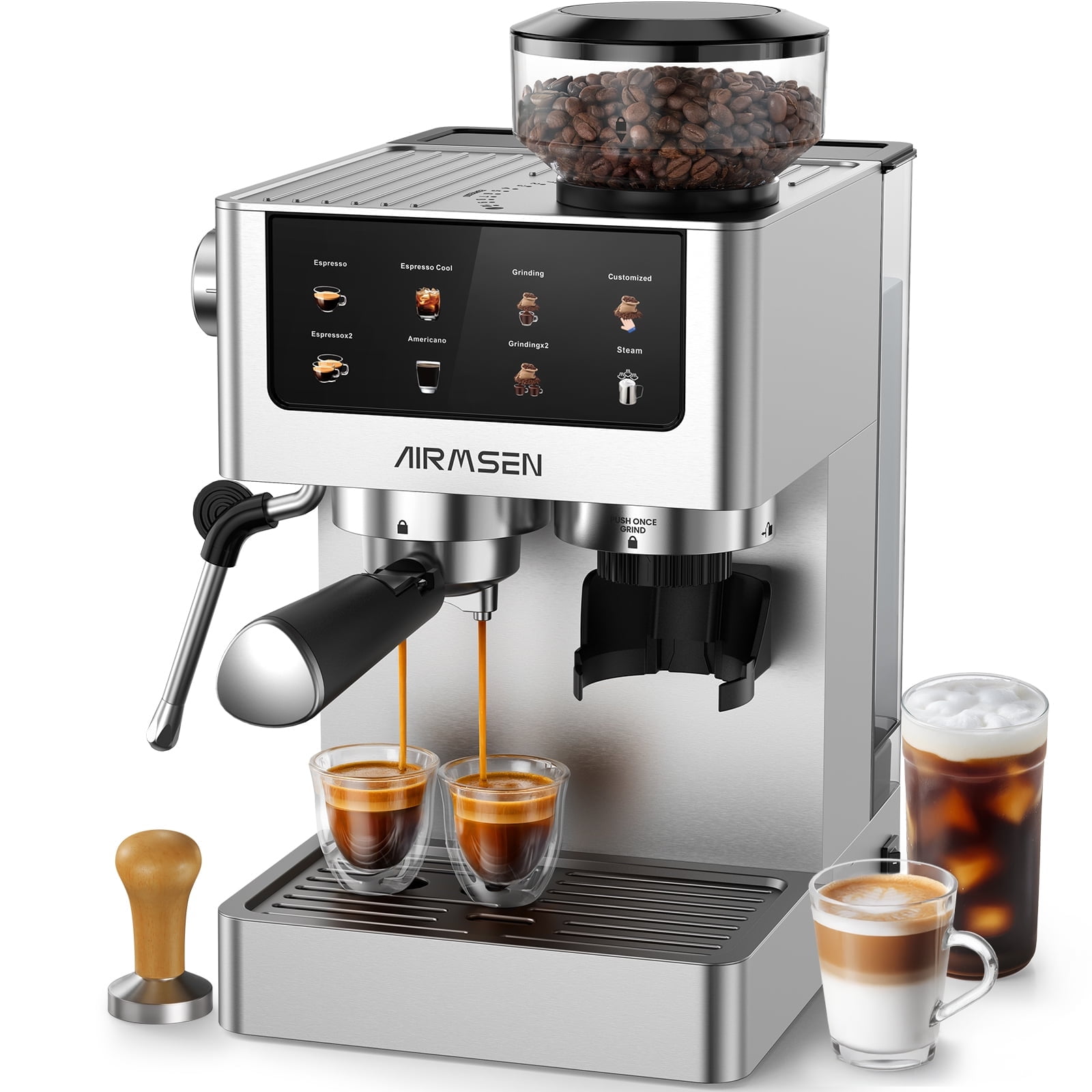 The Coupon deal of  AIRMSEN Espresso Machine with Grinder, Espresso Coffee Machine with Customized Grind Amount & Coffee Volume, Cold Brew Coffee Maker for Cappuccino Latte Americano, Brushed Stainless Steel