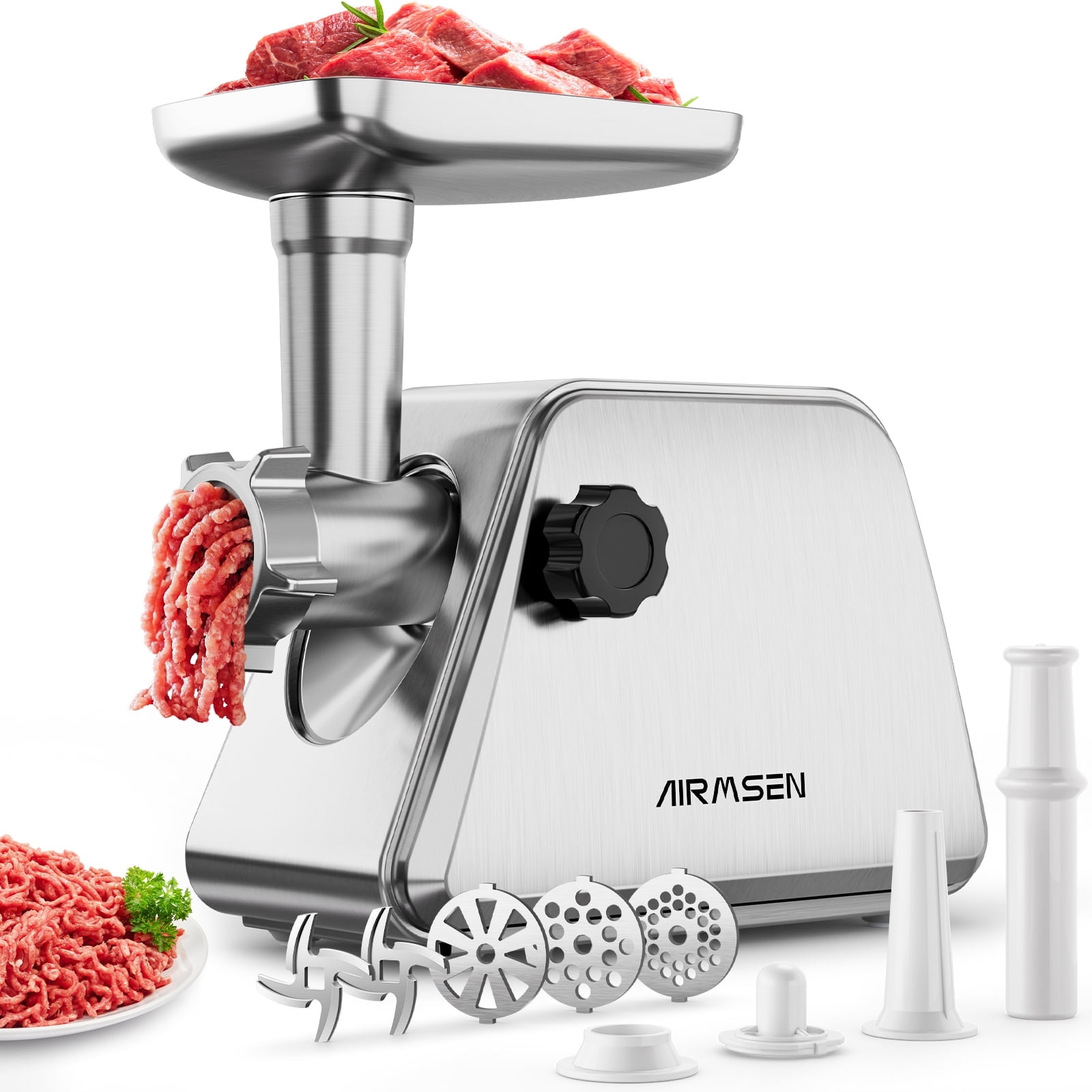 AIRMSEN Stainless Steel Meat Grinder, Electric 3 in 1 Meat Mincer with 2 Blades & 3 Plates, Sausage & Kubbe Maker Kit, Fixed Lock, Double Switch, Food Grinder for Home Kitchen Use