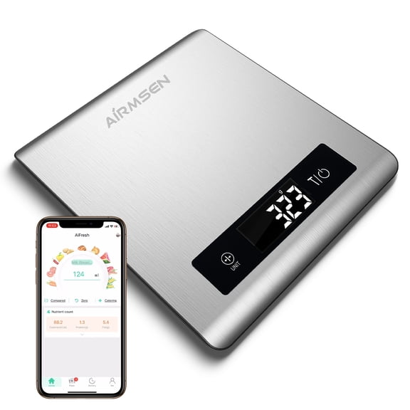 AIRMSEN Smart Kitchen Scales Bluetooth, 304 Stainless Steel Food Scales Digital Ultra Slim with Large LCD Display Nutritional Scales, 1g/0.05oz Precision for Baking and Cooking - 11lb/5kg
