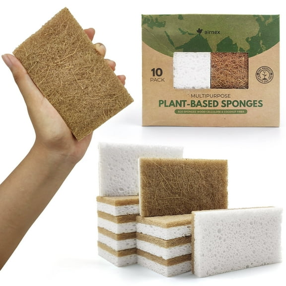 AIRNEX Cellulose & Coconut Natural Sponges for Dishes with Scrubber, Rectangle Shaped, Pack of 10