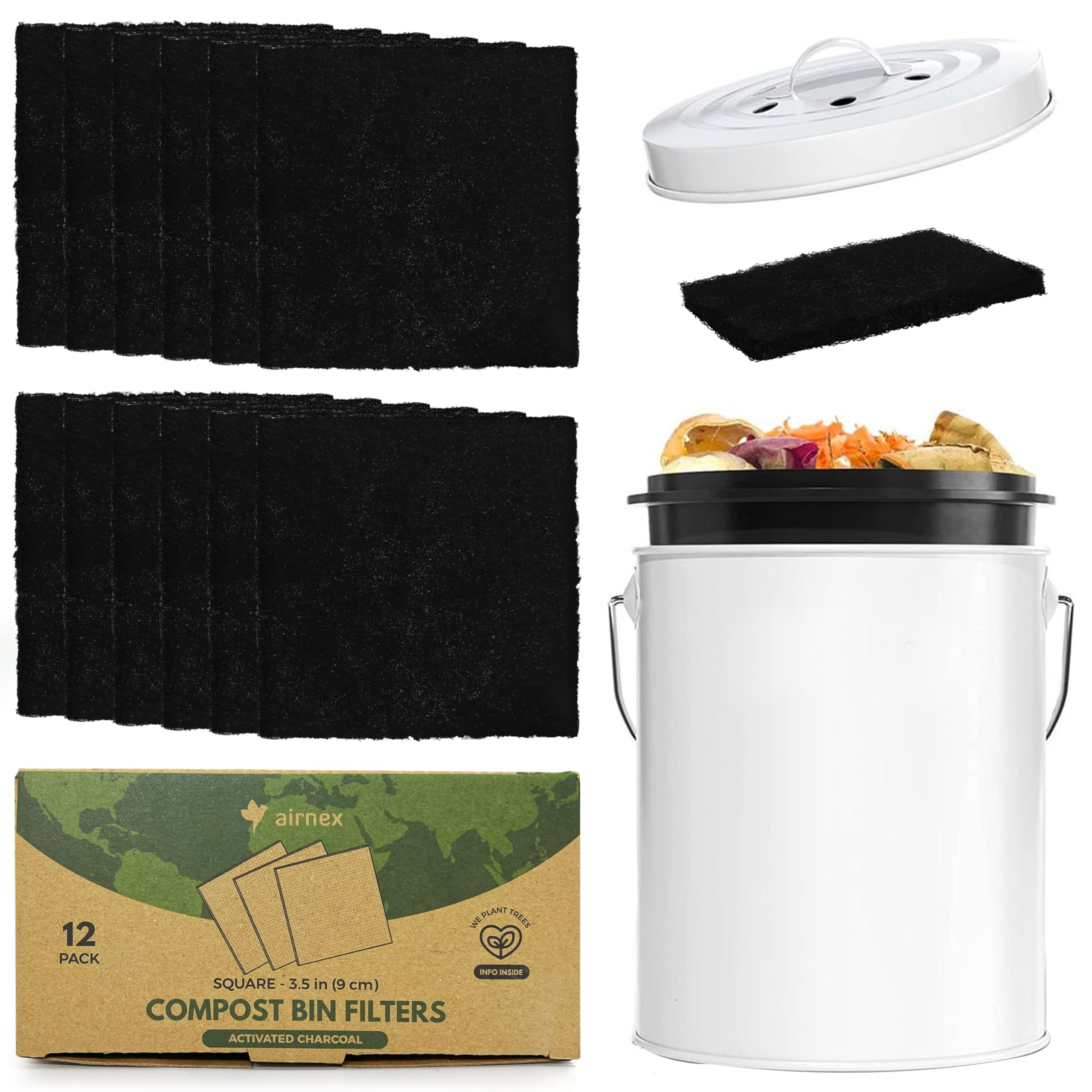 AIRNEX Charcoal Filters for Compost Bucket 3.5 inch Square Pack of 12