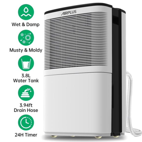 AIRPLUS 50 Pint Dehumidifier for Basements up to 3500 Sq. Ft, Dehumidifier with Drain Hose, 24Hr Timer, Auto Drainage, DOE 9.69 Pint, White