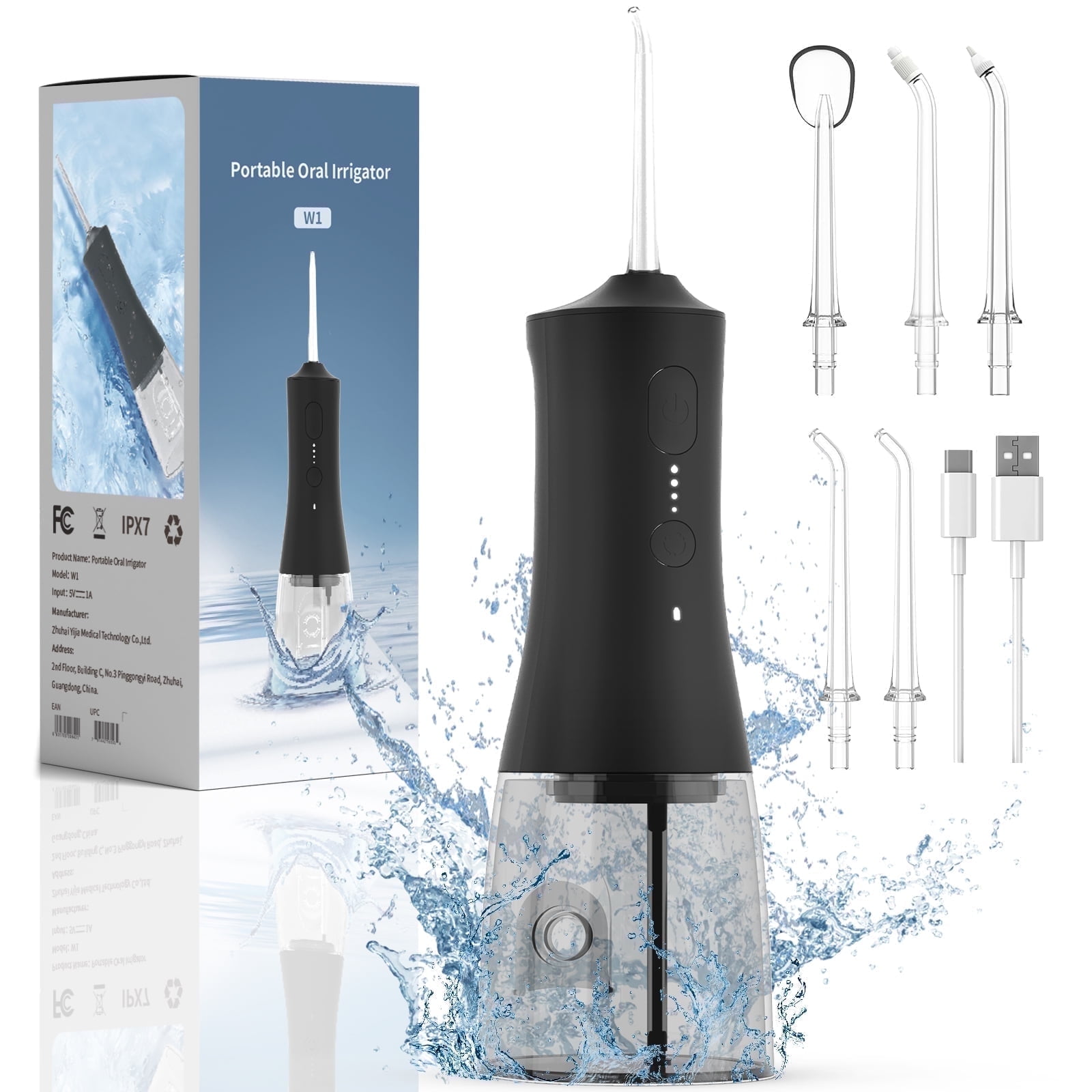 AIRROBO Cordless Water Flosser for Teeth with 4 Cleaning Modes, 6 Jet Tips, 265ML Water Tank, IPX7 Waterproof, Rechargeable Portable Oral Irrigator , W1 , Black