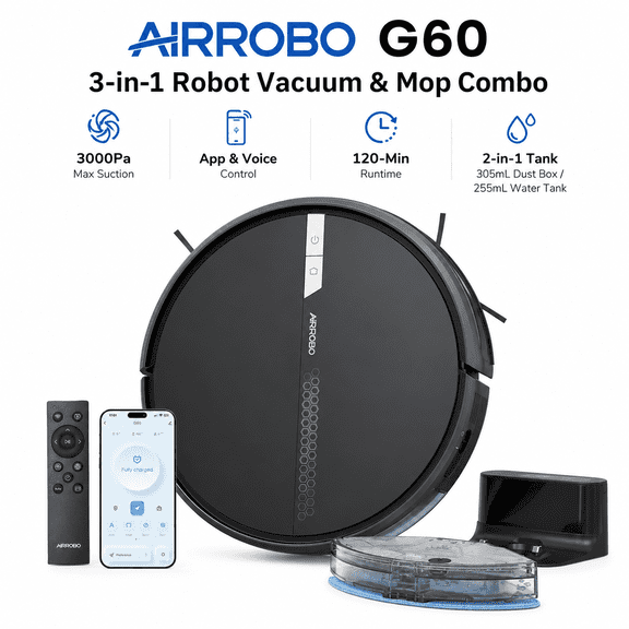 AIRROBO G60 3 in 1 Robot Vacuum and Mop Combo with Smart App&Voice Control,2 in 1 Tank for pet hair