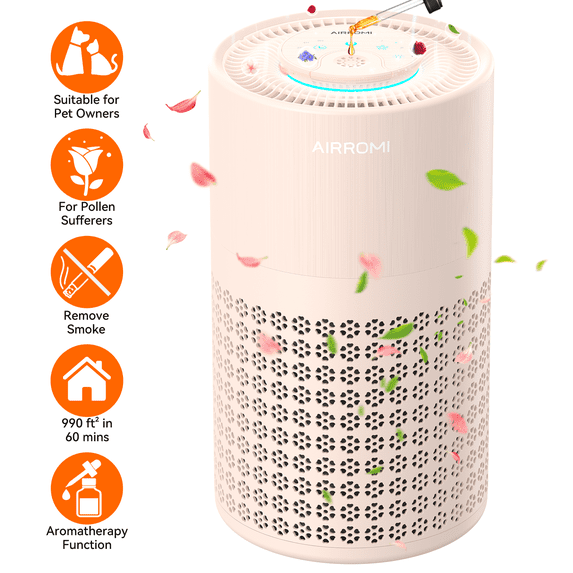AIRROMI Air Purifier for Home Bedroom, 990 Sq Ft, 3-in-1 Filter HEPA Layer for Pet Hair and Odors, 23 dB Sleep Mode, Aromatherapy, Night Light & Timer, A2001 Creamy Beige