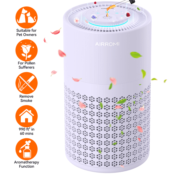 AIRROMI Air Purifier for Home Bedroom, 990 Sq Ft, 3-in-1 Filter HEPA Layer for Pet Hair and Odors, 23 dB Sleep Mode, Aromatherapy, Night Light & Timer, A2001 Lavender Purple
