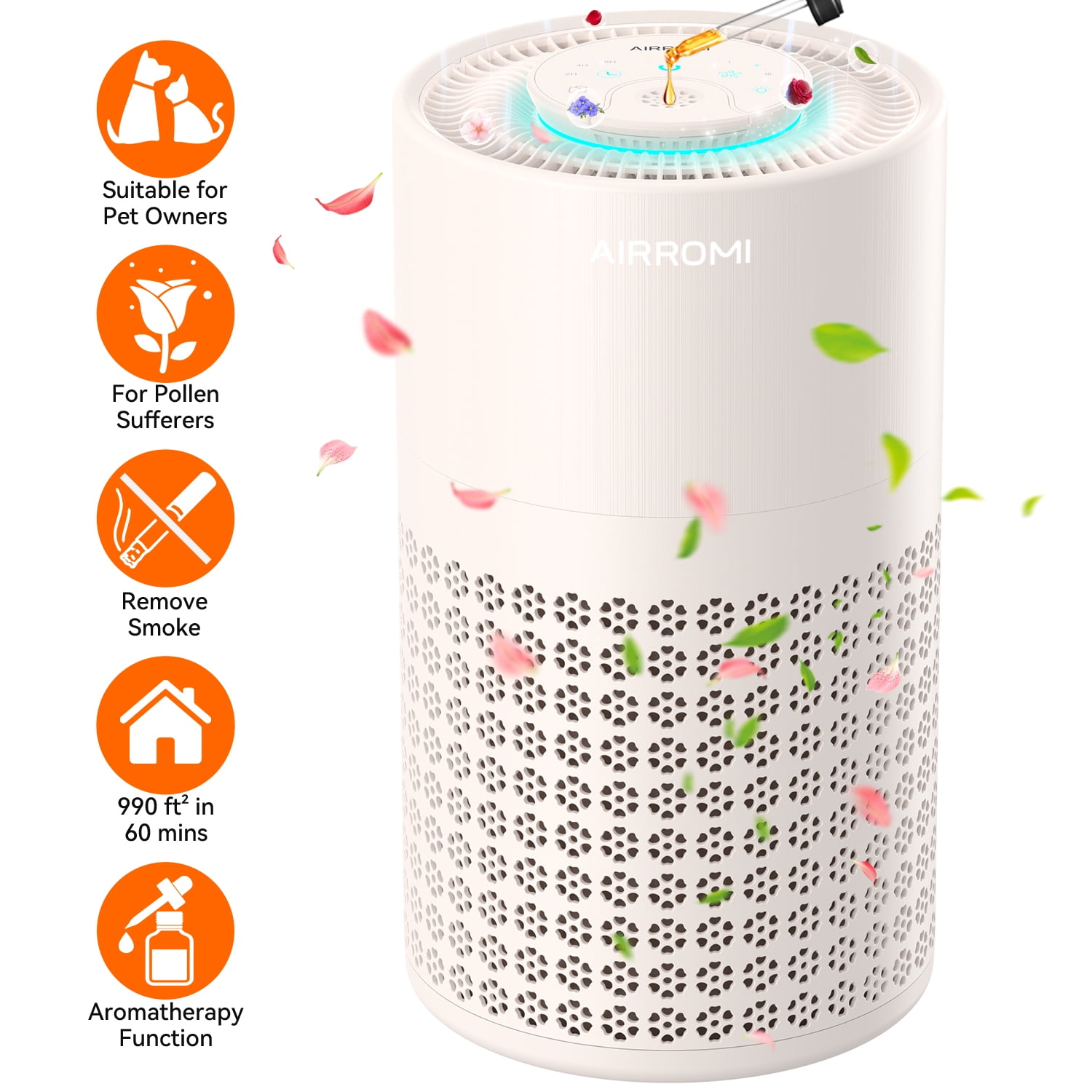 AIRROMI Air Purifier for Home Bedroom Covers 990 Ft² - Hepa 3-in-1 Filter, with Aromatherapy, Night Light & Timer, Remove Smoke, Pet Dander, Odor, Dust,A2001 Beige