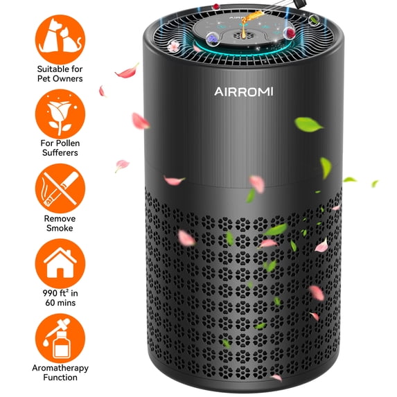AIRROMI Air Purifier for Home Bedroom Covers 990 Ft² - Hepa 3-in-1 Filter, with Aromatherapy, Night Light & Timer, Remove Smoke, Pet Dander, Odor, Dust,A2001 Black