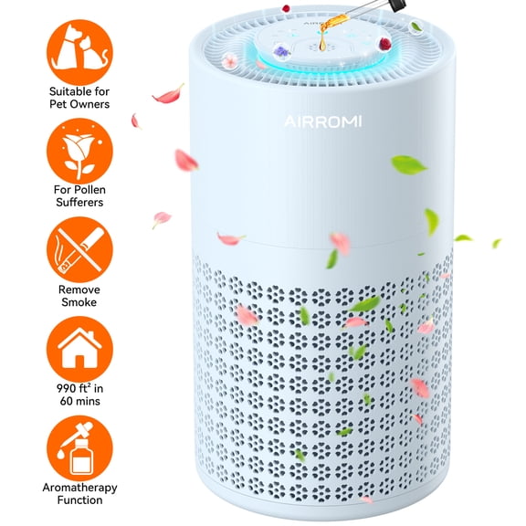 AIRROMI Air Purifier for Bedroom, HEPA 3-in-1 Filter, Pets Odor Remover, 990 Ft²,A2001 Blue