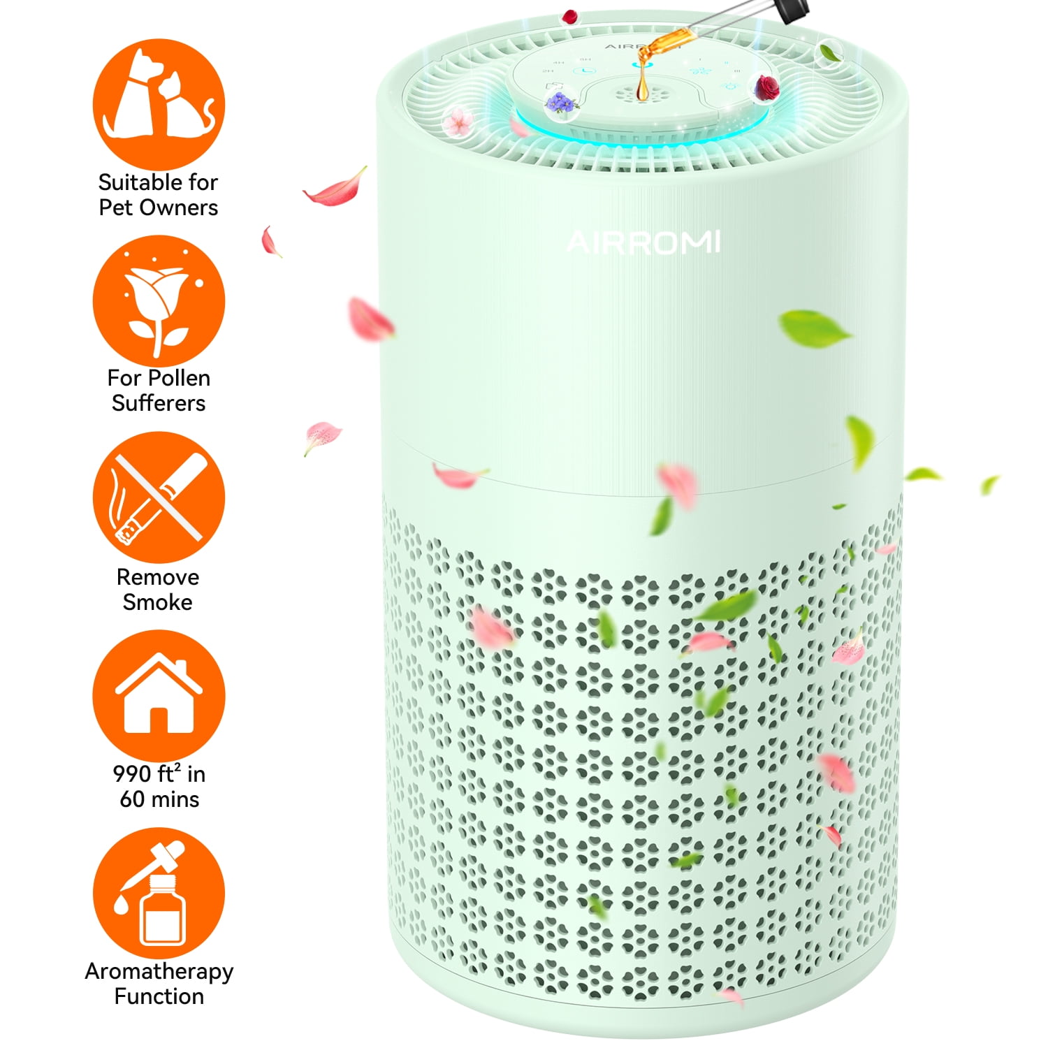 AIRROMI Air Purifier for Home Bedroom Covers 990 Ft² - Hepa 3-in-1 Filter, with Aromatherapy, Night Light & Timer, Remove Smoke, Pet Dander, Odor, Dust,A2001 Green