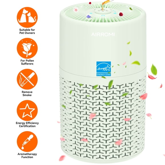AIRROMI HEPA Air Purifier for Pet Owners, Included Yellow Deodorizing Activated Carbon Filter, Air Cleaner with Night Light for Allergies and Asthma Suffers,A2002S,Green