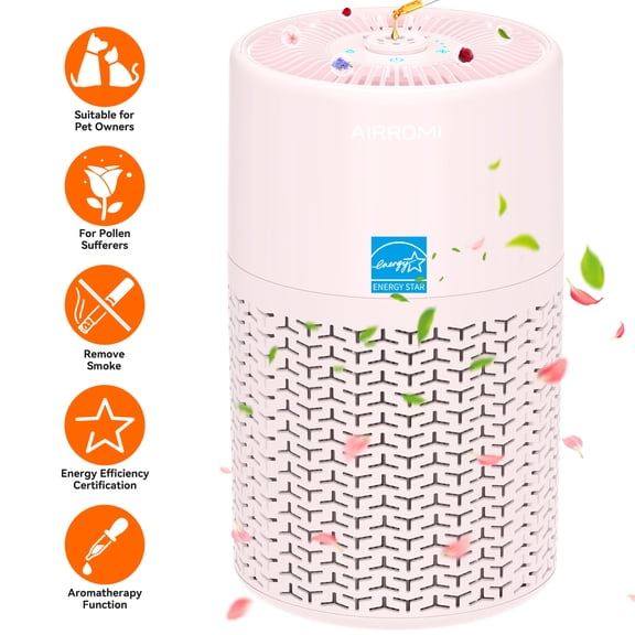 AIRROMI Air Purifiers for Home Room Covers 660 sq.ft, H13 True HEPA Filter, for Allergies,Pet Dander,Pollen,Odor,Smoke, with Night Light, A2002S,Pink