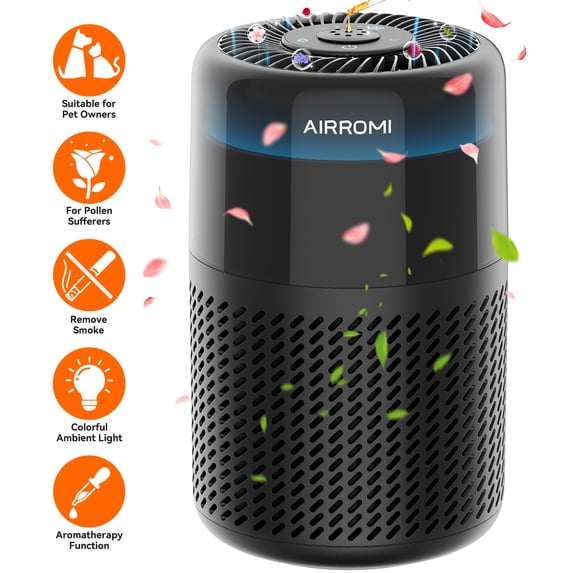 AIRROMI HEPA Air Purifier for Pet Owners, Included Activated Carbon Filter, Air Cleaner with Night Light for Allergies and Asthma Suffers,A2005,Black