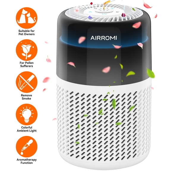 AIRROMI HEPA Air Purifier for Pet Owners, Included Activated Carbon Filter, Air Cleaner with Night Light for Allergies and Asthma Suffers,A2005,White