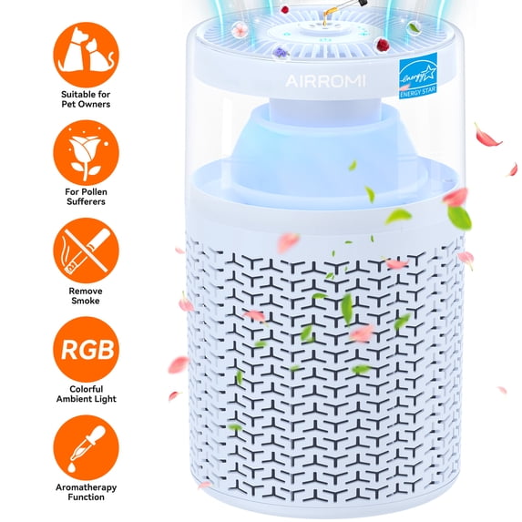 AIRROMI AIRROMI A2002 Air Purifier - For Large Rooms up to 660 sq ft - True HEPA Filter for Efficient Dust & Germ Removal - Built-in Aromatherapy Diffuser & Soft Night Light for Better Sleep Blue