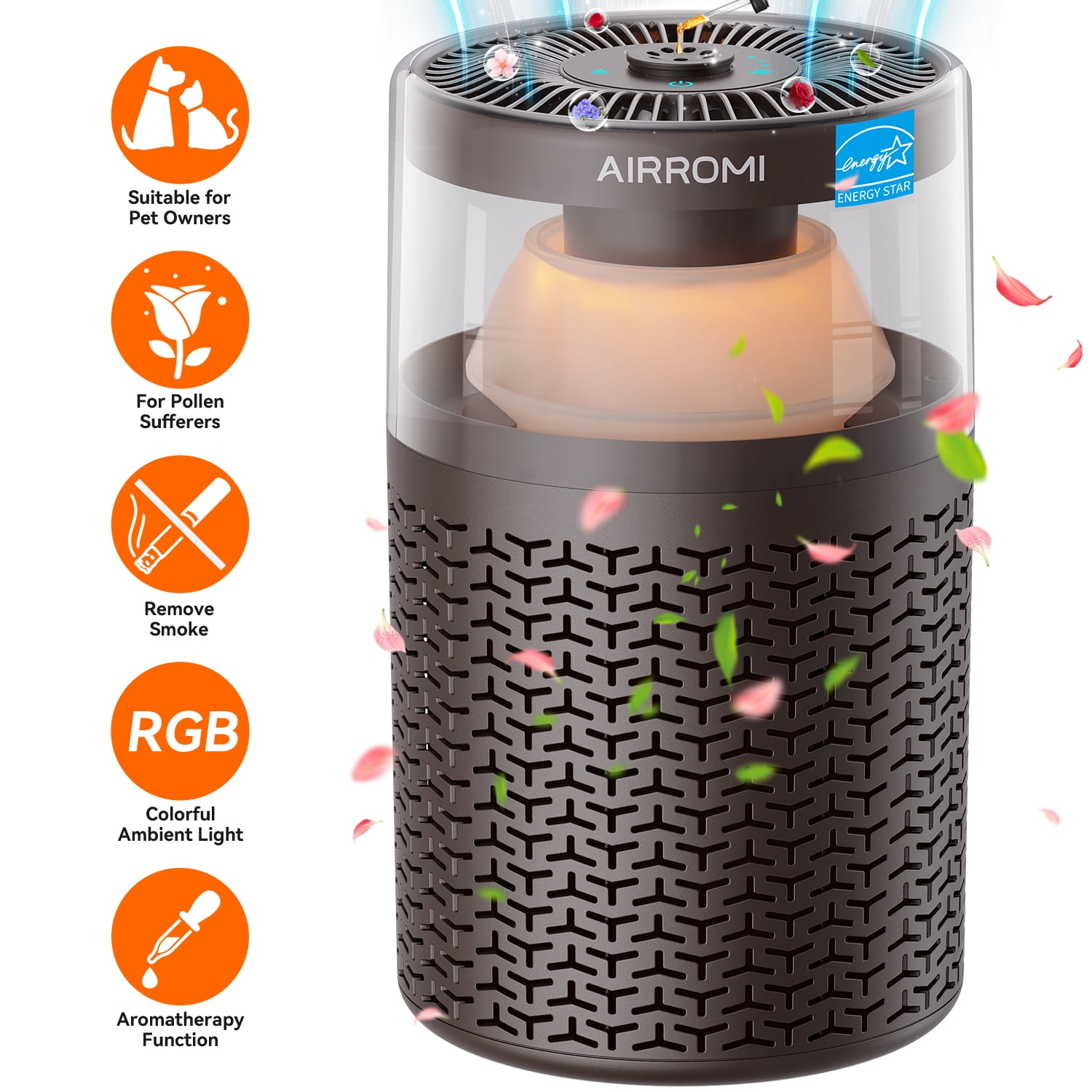 AIRROMI AIRROMI A2002 Air Purifier - For Large Rooms up to 660 sq ft - True HEPA Filter for Efficient Dust & Germ Removal - Built-in Aromatherapy Diffuser & Soft Night Light for Better Sleep Coffee