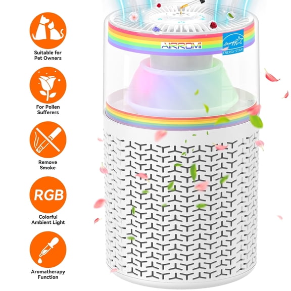 AIRROMI AIRROMI A2002 Air Purifier - For Large Rooms up to 660 sq ft - True HEPA Filter for Efficient Dust & Germ Removal - Built-in Aromatherapy Diffuser & Soft Night Light for Better Sleep Rainbow