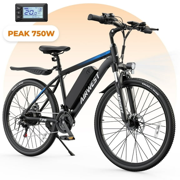 AIRWEST 26" Electric Mountain Bike for Adults, 500W Motor 48V Battery, 21-Speed Aluminum Alloy E-Bike with 20MPH+ Top Speed, Dual Disc Brakes & Suspension, 40-55 Miles Range
