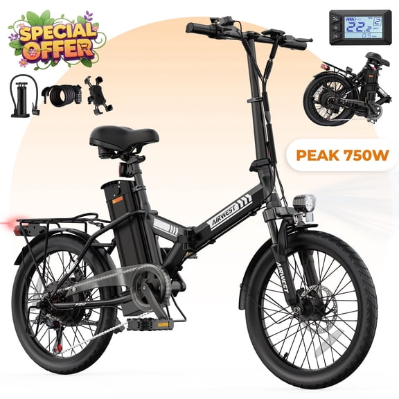 AIRWEST 20" Electric Folding Bike for Adults, 500W Motor 48V Removable Battery, 7-Speed Commuter E-Bike 20MPH, Dual Disc Brakes & Full Suspension, Up to 34-40 Miles Range
