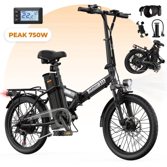 AIRWEST 20" Electric Folding Bike for Adults, 500W Motor 48V Removable Battery, 7-Speed Commuter E-Bike 20MPH, Dual Disc Brakes & Full Suspension, Up to 34-40 Miles Range