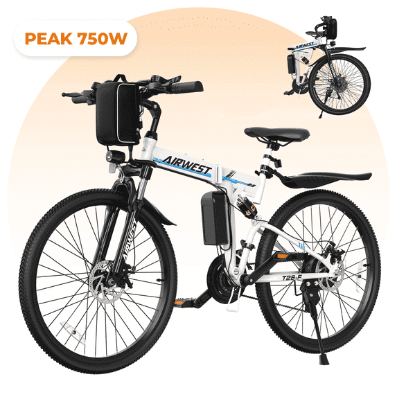 AIRWEST 26" Folding Electric Bike for Adults, Peak 750W Motor, 20MPH, 48V Removable Battery, Up to 50 Miles Range, 21-Speed Gears, Front & Rear Suspension, Dual Disc Brakes, UL2849