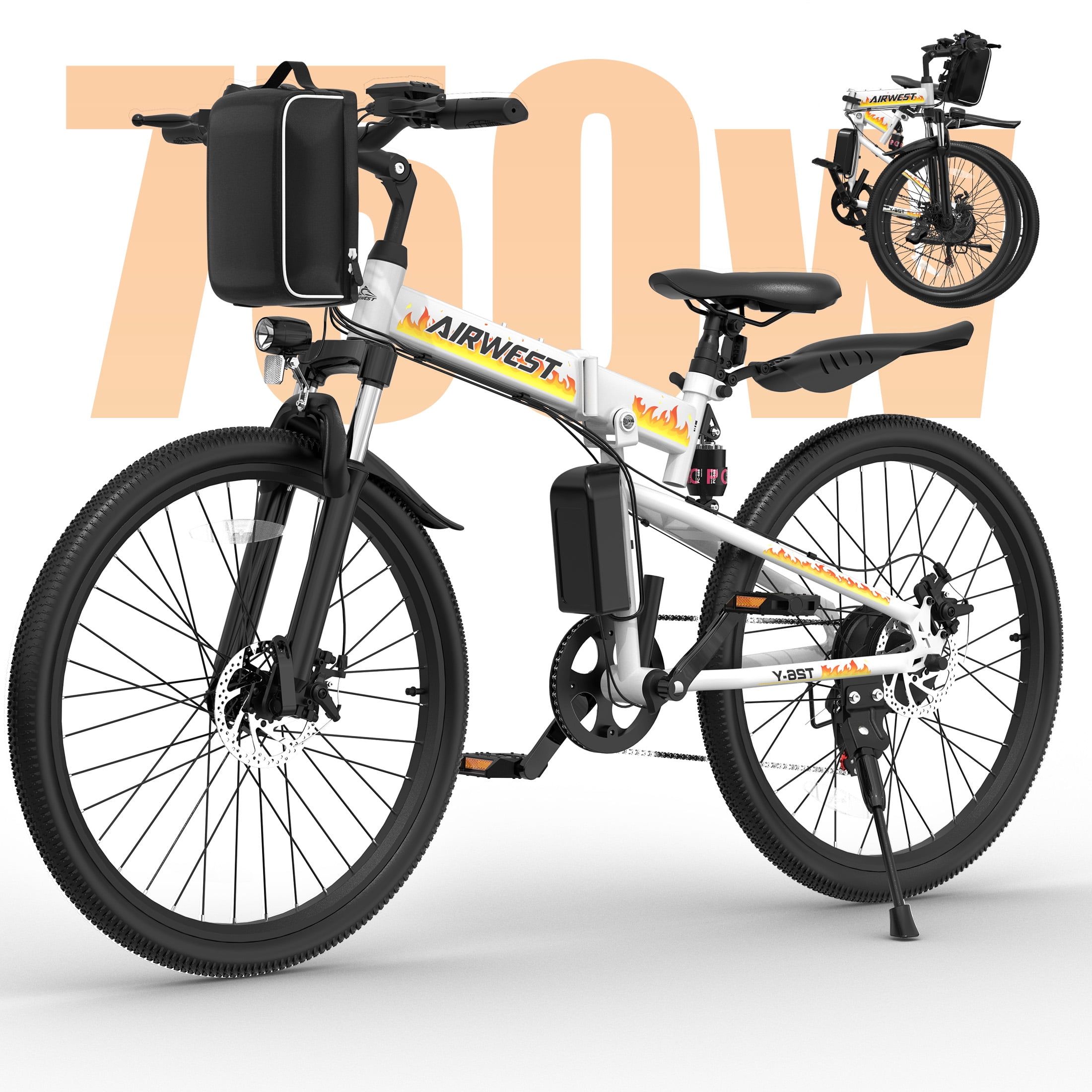 AIRWEST 26″ Folding Electric Bike – Peak 750W Motor, 48V Removable Battery, Up to 50-Mile Range, 7-Speed Gears, Front & Rear Suspension, Dual Disc Brakes – Adult Commuter/City/Off-Road E-Bike
