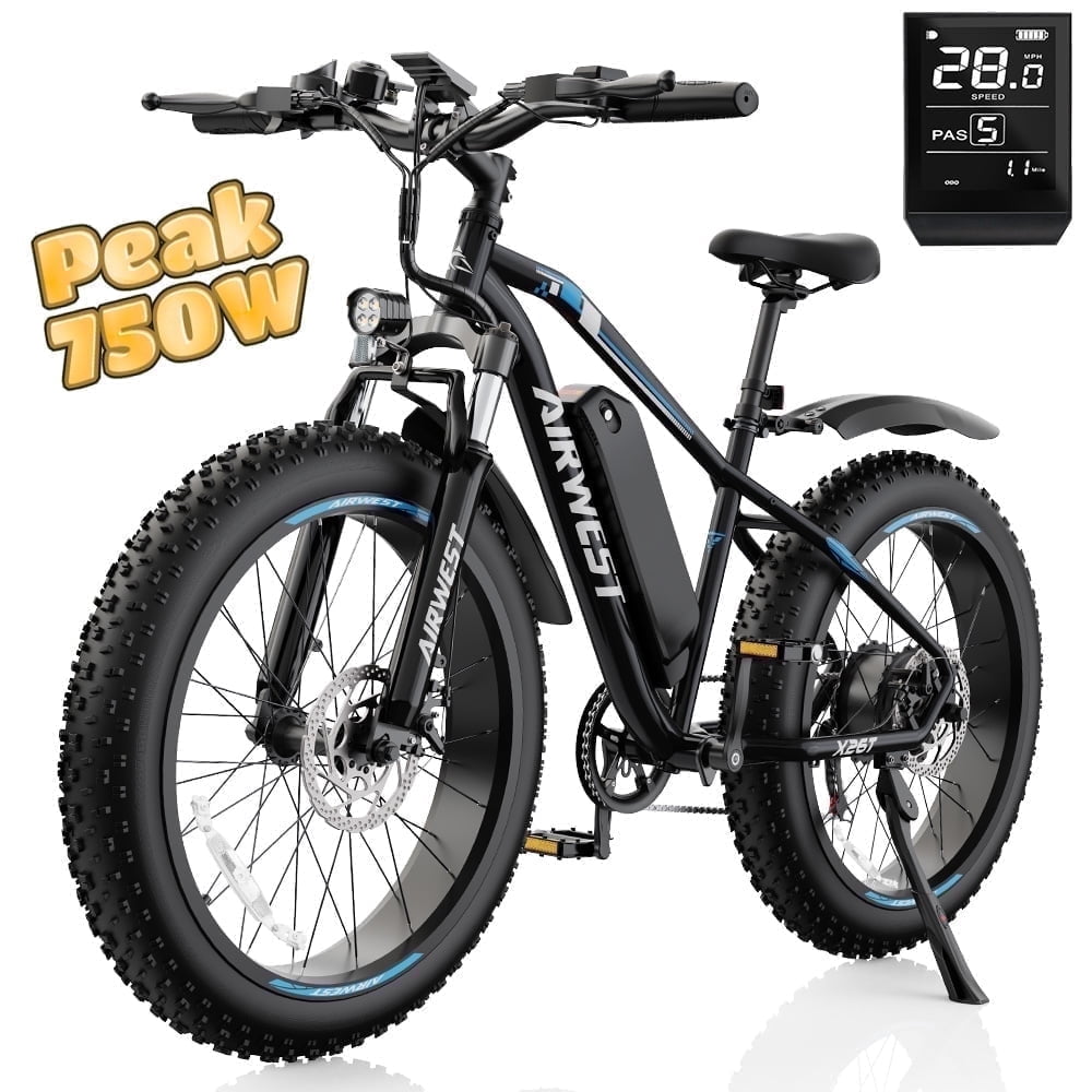 AIRWEST 26" Men's Electric Mountain Bike - 500W Motor, 48V 13Ah Removable Battery, 7-Speed Fat Tire E-Bike for Snow/Sand/Off-Road - UL2849 - Max 25MPH