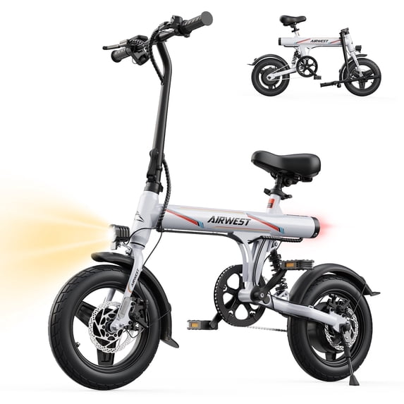 AIRWEST 36V 350W Adult Electric Bike, 14" Foldable Electric Bicycle, 20MPH, 19-22mi Range, Dual Disc Brakes, Adjustable Seat, Mini Commuter City Ebike for Man & Woman, UL2849