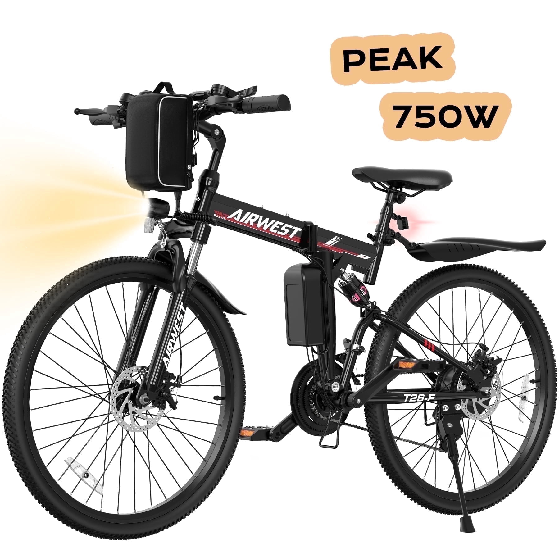 AIRWEST Electric Bike, 26'' Folding E Bike for Adults, Peak 750W Motor, 20MPH, Mountain E Bike with 48V 7.8Ah Lithium Battery, 40 Miles Range, UL2849