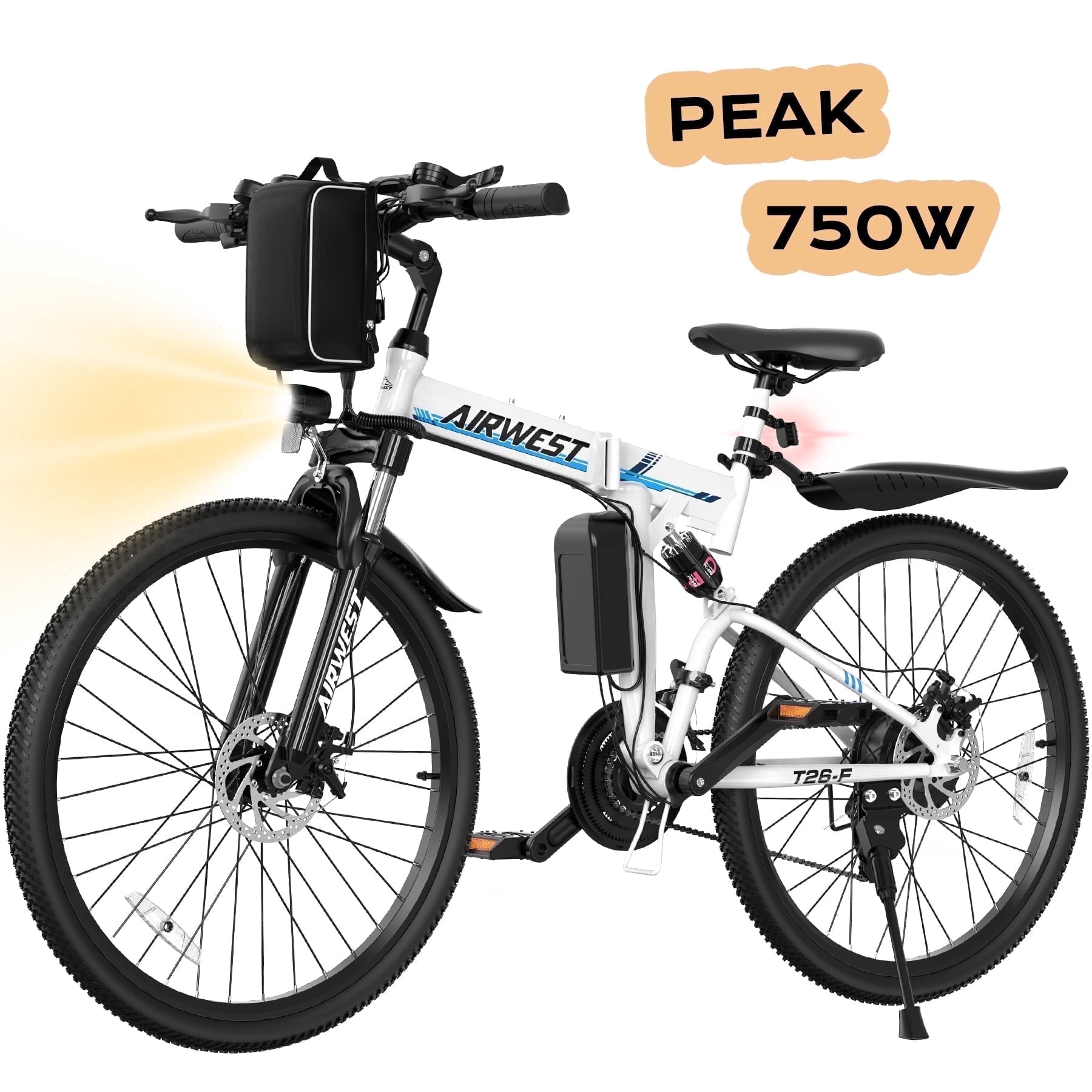 AIRWEST Electric Bike, 26'' Folding E Bike for Adults, Peak 750W Motor, 20MPH, Mountain E Bike with 48V 7.8Ah Lithium Battery, 40 Miles Range, UL2849