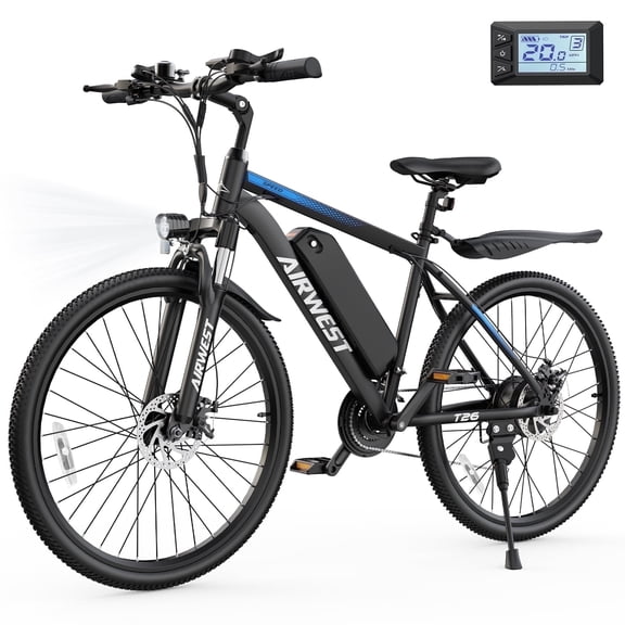 AIRWEST Electric Bicycle for Adults - 26" Electric Mountain Bikes - 500W 20MPH Electric Bikes with 48V 7.8AH Removable Battery - 21 Speed Gear & Dual Disc Brake & Front Suspension