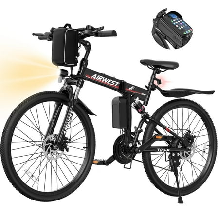 AIRWEST Folding Electric Bike for Adults 19.8 MPH, 26" Mountain Electric Bike with Peak 750W Motor, 48V 7.8Ah Removable Battery, 7-Speed Gears & Dual Hydraulic Suspension, UL2849