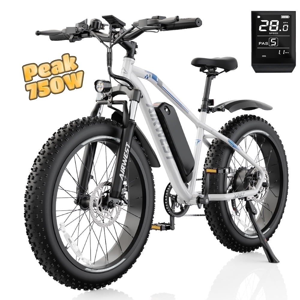 AIRWEST 26" Fat Tire Electric Mountain Bike for Adults, 750W Peak Motor, 48V 13Ah Removable Battery, 7-Speed, All-Terrain E-Bike for Snow, Sand & Trails, Up to 25MPH，UL2849