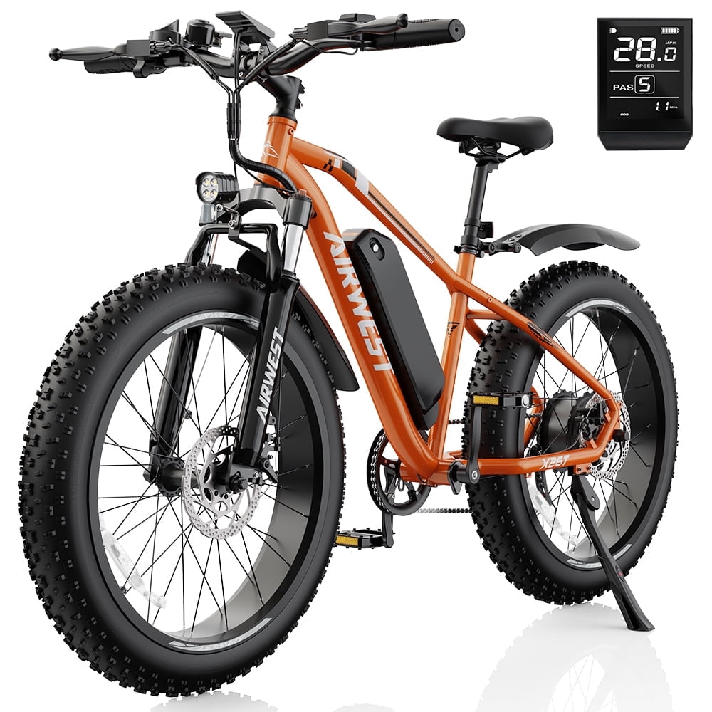 AIRWEST Men's Electric Mountain Bike, 26″ Fat Tire Electric Bike, Peak 750W Motor 48V 13Ah Removable Battery, 7-Speed, All-Terrain E-Bike, Max Speed 25MPH (40KMH), UL2849