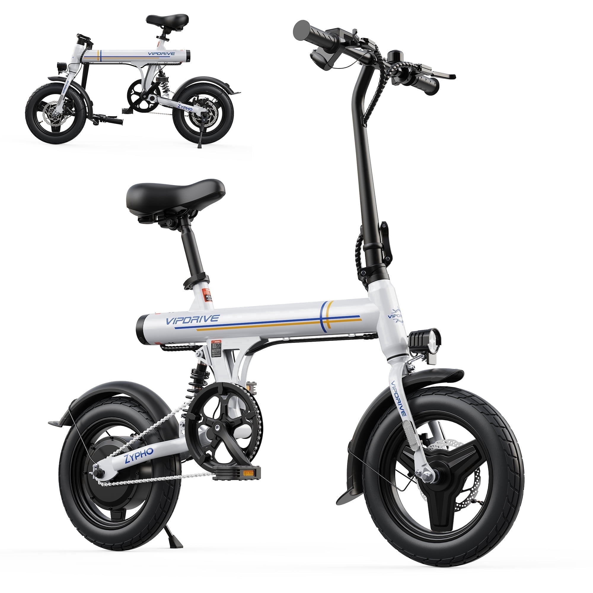 VIPDRIVE Electric Bike - Peak 500W Motor, 36V 7.8Ah Battery, 20Mph, 25+Miles Range, Rear Shock& Dual Brake - Stylish 14" Foldable Mini EBike for Adults, UL2849