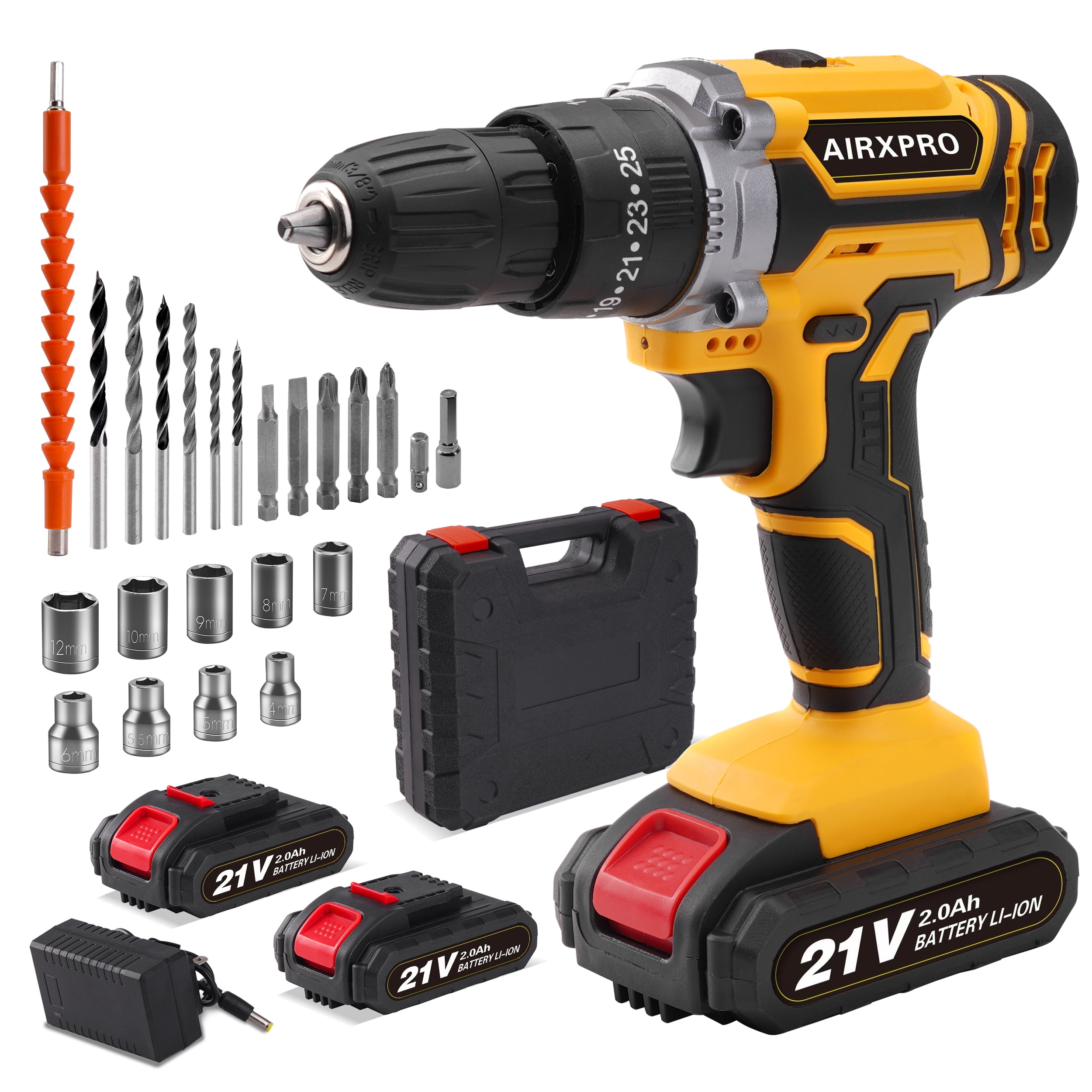 AIRXPRO Cordless Drill, 21V Power Drill Set with 2Ah Battery, 3/8 ...