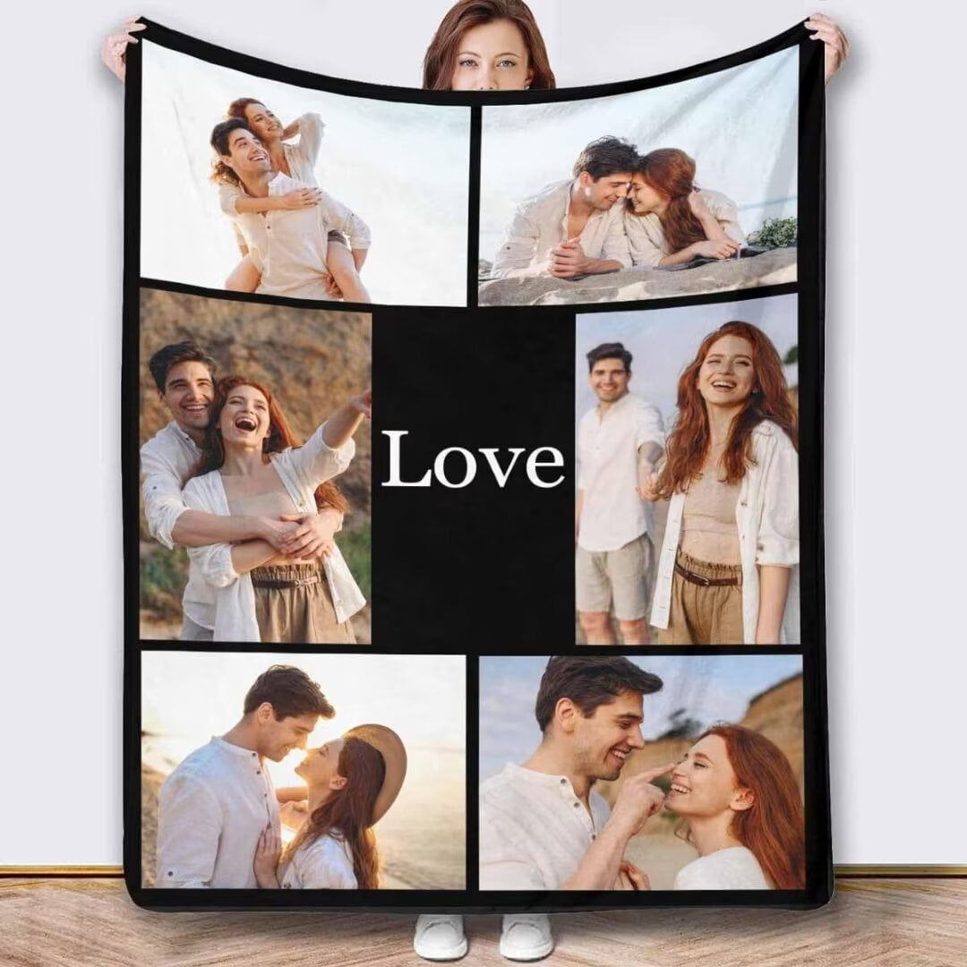 AISENIN Custom Blanket with Text Picture Collage Customized Throw Blankets, Birthday Gifts Personalized for Dad, Mom, Kids, Dogs, Friends 7 Photos