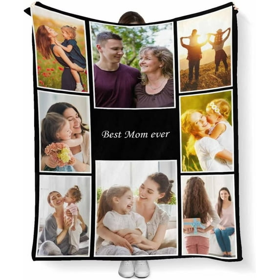 AISENIN Customized Family Photo Cozy Throw Blanket Black Throw Blanket Custom Bed Blankets with Photos for Mom Mother's Day Gift