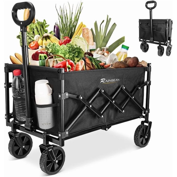 Aishkimo Heavy Duty Collapsible Folding Wagon,264LBS Capacity Utility Cart,Utility Carts with Large Capacity,All-Terrain Wheels, Adjustable Handle, for Camping Shopping Beach Sports Outdoor, Black