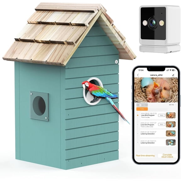 Aishkimo Birdhouse with Camera,Smart Bird House,Ai Bird Species Identification, 3MP HD Photos, Inside 2.4G-Wi-Fi,1.5In Focus, (Blue),Waterproof Wooden Birdhouse for Wild Bird Lovers