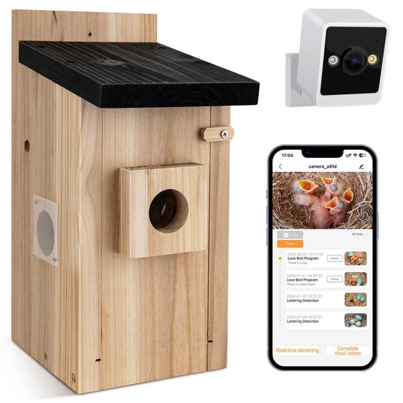 Aishkimo Bird House with Camera - 2K HD Wooden Smart Birdnest Watch Birds Nesting & Hatching in Real Time, AI Identify Bird Behavior, Ideal Gift for Bird Lovers
